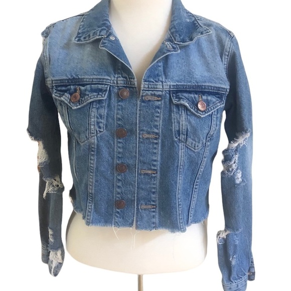 Jean Jacket Raw Hem Cropped Ripped Distressed Size Small Forever 21 - Picture 1 of 5
